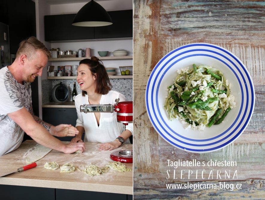 Domácí špenátové tagliatelle s chřestem a fetou