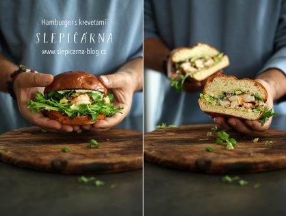 Hamburger s grilovanými krevetami a guacamole